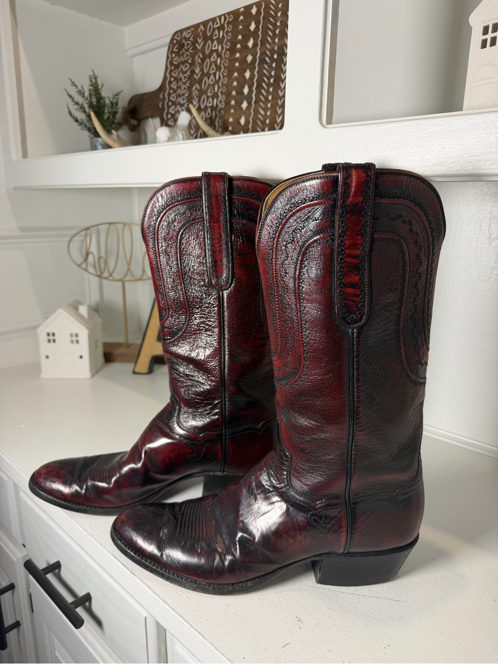 T.O. Stanley Womens 8.5 9B Black Cherry Goatskin Cowboy Boots Handmade Vintage